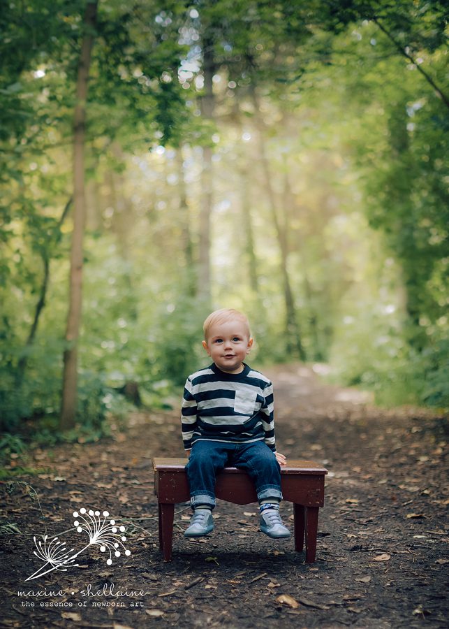 alt=Edmonton family photographers, alt=toddler sitting on bench in forest, alt=toddler smiling
