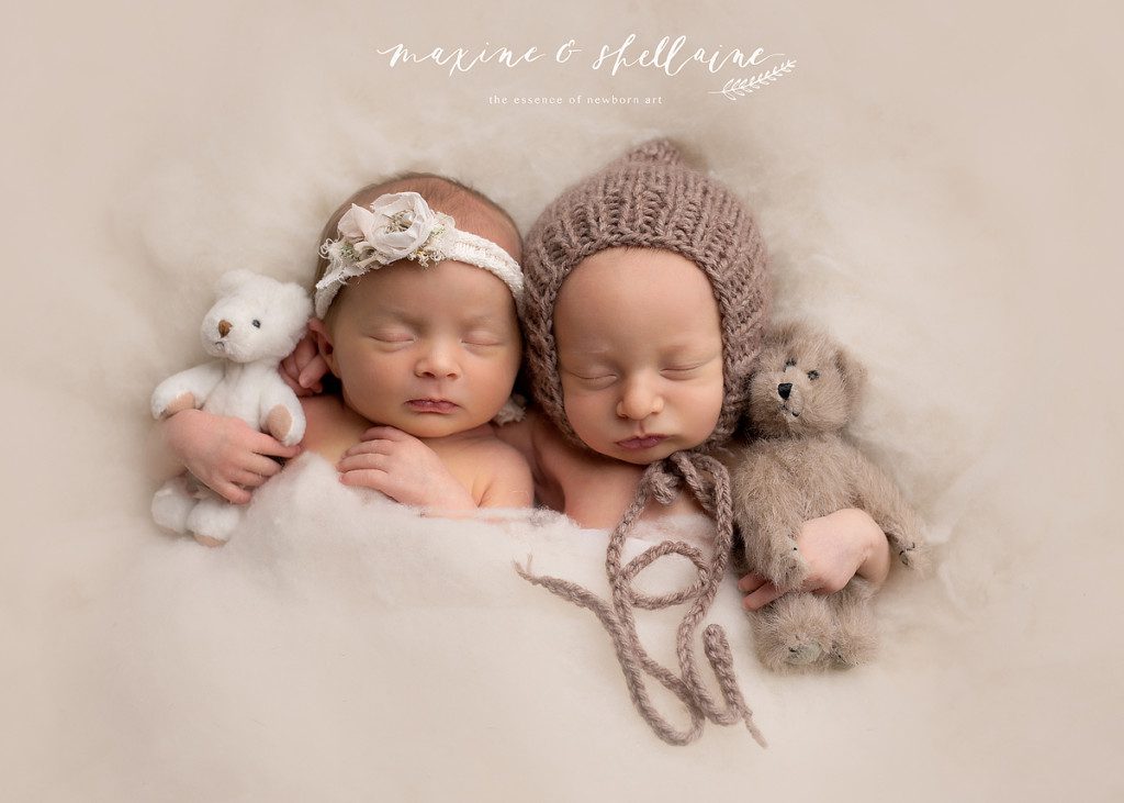 alt=Edmonton twin photographer, alt=best newborn twin photographer, alt=natural light studio Edmonton, alt=clean edits of newborn twin and mom, alt=mom in white dress with twins