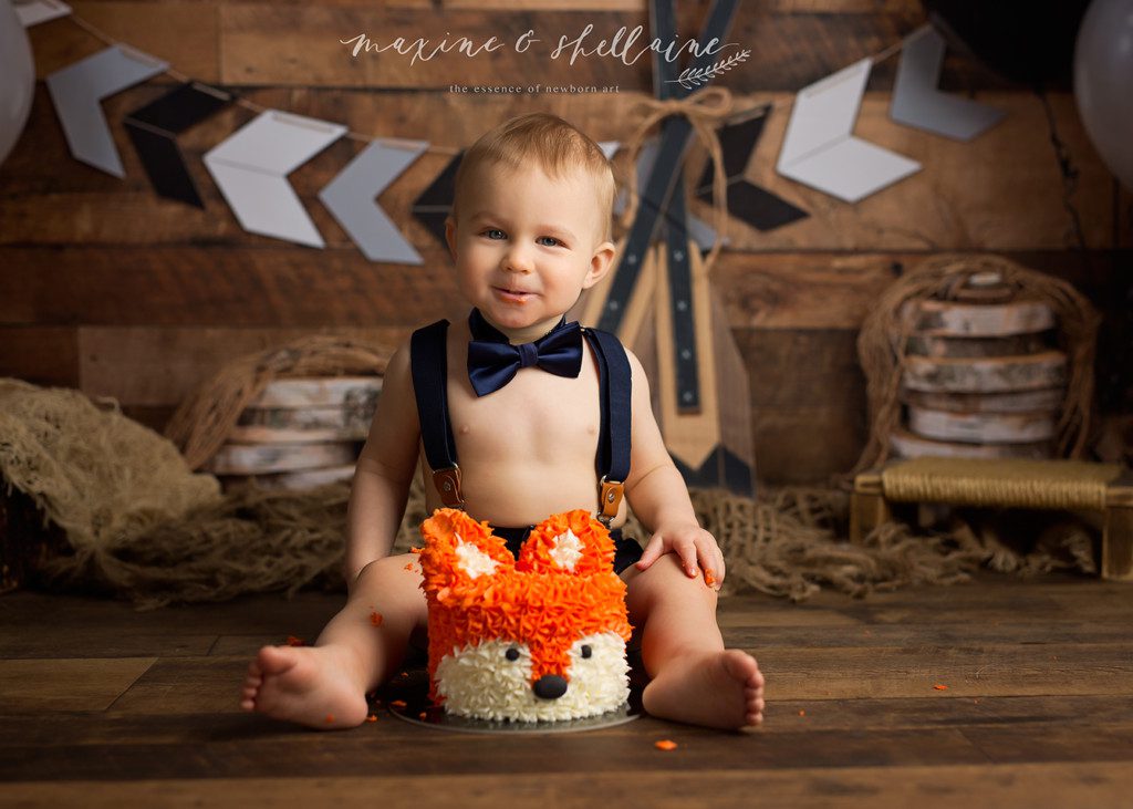 alt=Fox-themed cake-smash in our Edmonton studio, alt=super cute fox themed cake, alt=boho, camping, fox themed shoot, alt=cutest fox cake ever, alt=arrow and birch wood backdrop and floor, alt=cake smash