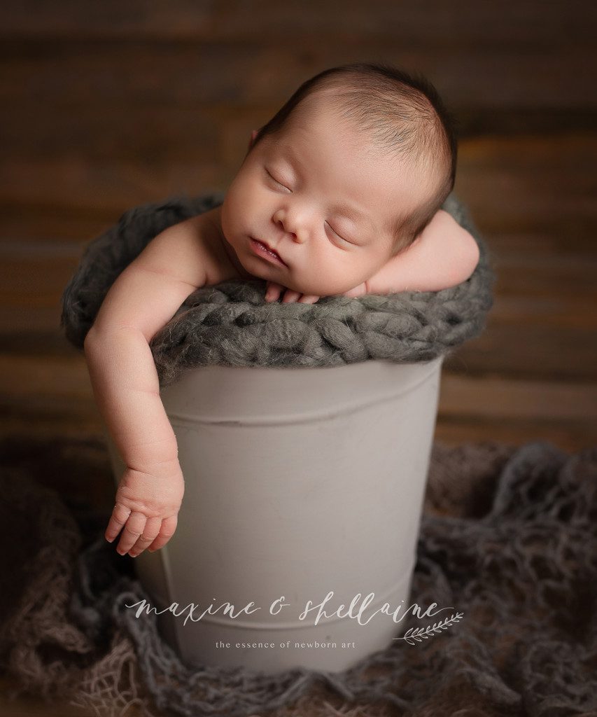 alt=sleeping baby in grey bucket, alt=Neutral themed newborn photography session in Edmonton, alt=Edmonton newborn studio, alt=Maxine and Shellaine, 