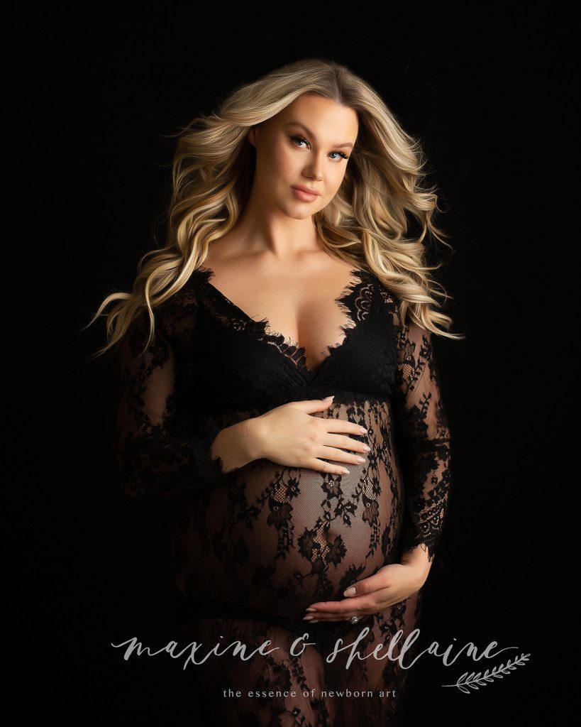 alt=boutique style maternity dresses, alt=pregnant woman in black lace dress, alt=beautiful pregnancy portraits in Edmononton