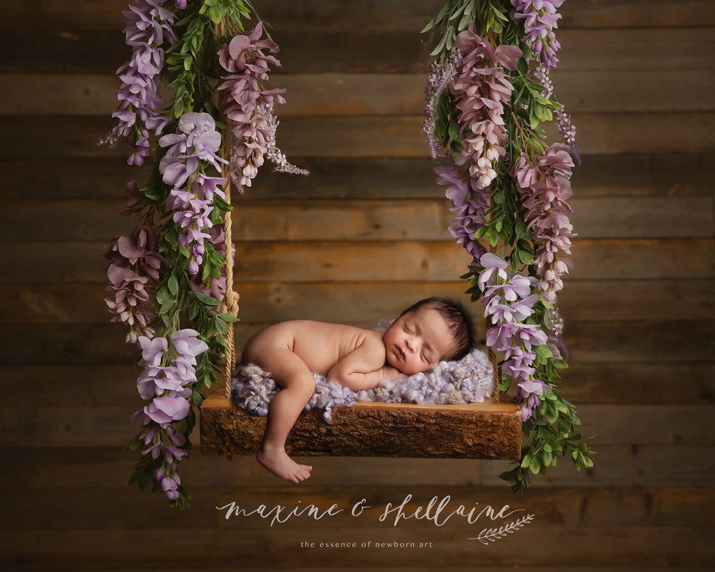 alt=sleeping baby on swing with purple flowers, alt=Colourful themed newborn photography session in Edmonton, alt=Edmonton newborn studio, alt=Maxine and Shellaine,  