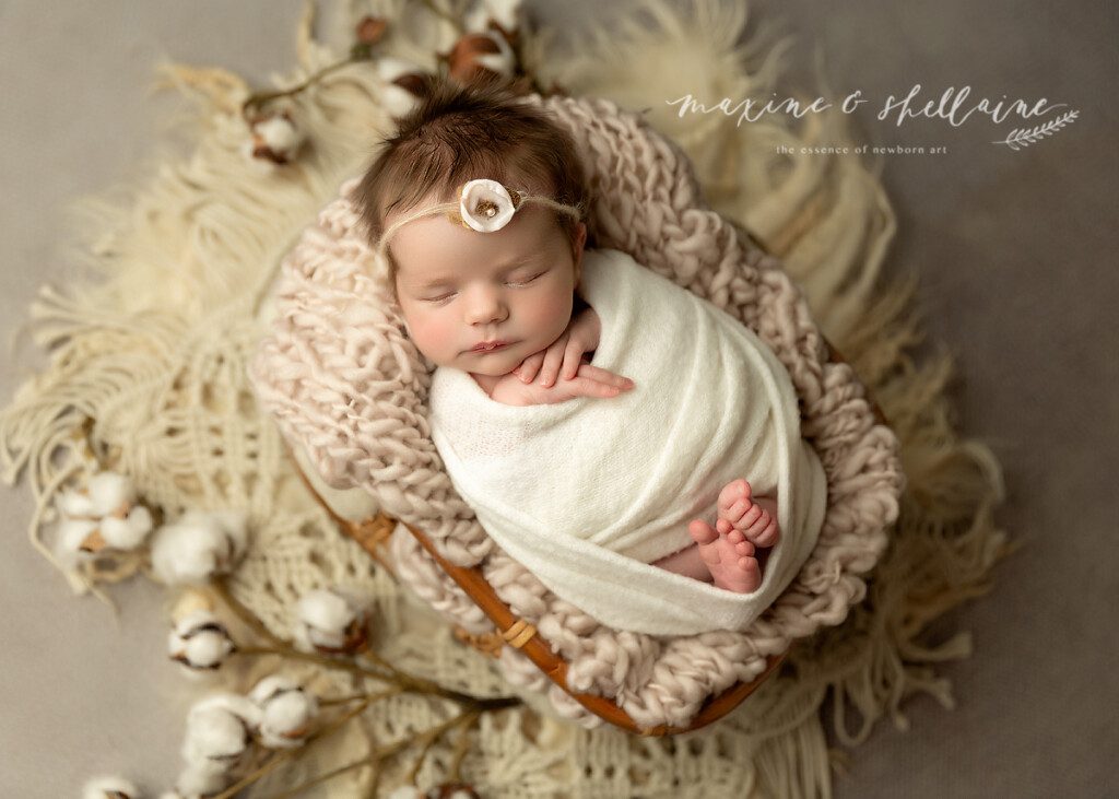 alt=posed newborn in prop, alt=wicker basket prop, alt=baby headbands, alt=floral accessories, alt=knit fabrics, alt=neutral textures, alt=baby photography inspiration
