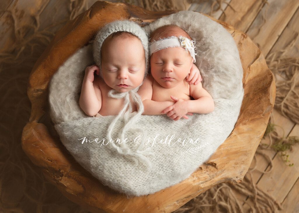 alt=twin newborn studio Edmonton, alt=boy and girl newborn twins, alt=newborn twins in wood bowl, alt=newborn twins heart shape