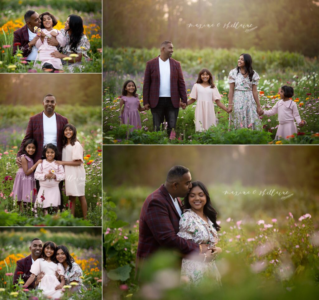 lt=Family walking together through a flower field near Edmonton during a summer photography session, alt=Family and parent portraits captured at Ferns Flowers near Edmonton