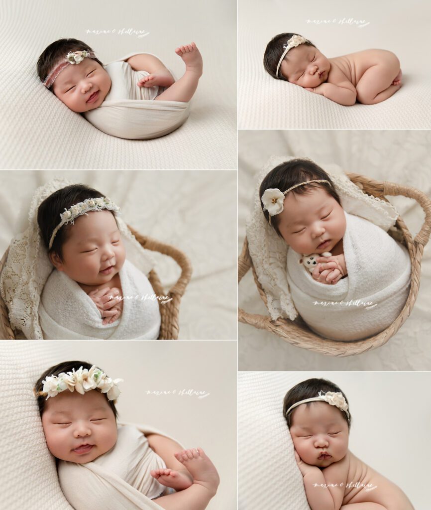 alt=Collection of sleepy and awake newborn portraits from Edmonton newborn photography session